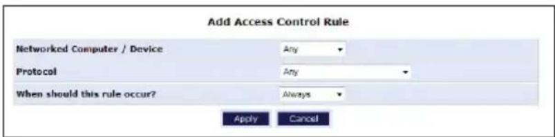 Add Access Control Rule Networked Computer / Device Any Protocol Any When should this rule occur? Always Apply Cancel