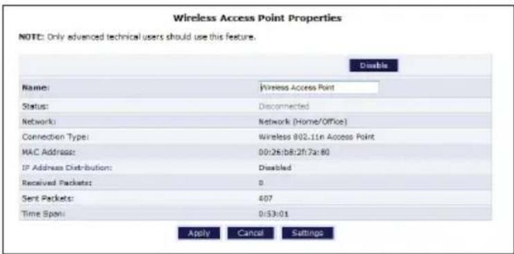 Wireless Access Point Properties NOTE: Only advanced technical users should use this feature. Name: Wireless Access Point Status: Disconnected Network: Network (Home/Office) Connection Type: Wireless 802.11n Access Point MAC Address: 00:26:18:27:7a:80 IP Address Distribution: Disabled Received Packets: 0 Sent Packets: 407 Time Spont: 0:53:01 Apply Cancel Settings