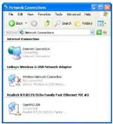 Network Connections File Edit View Favorites Tools Advanced Help Back Search Folders Address Network Connections Go Internet Connection Internet Connection Connecting Internet Connection Linksys Wireless-G USB Network Adapter Wireless Network Connection Not connected Linksys Wireless-G USB Network... Realtek RTL0139/010x Family Fast Ethernet NIC #3 OpenRGLAN Connected Realtek RTL0124/010x Family ...