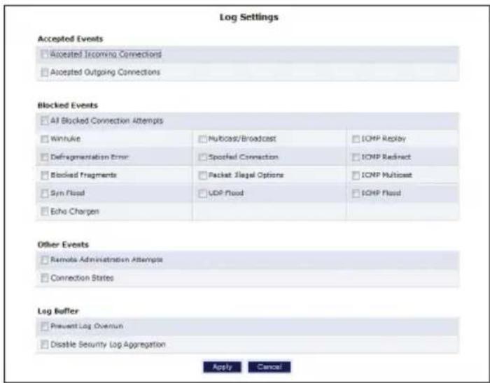 Log Settings Accepted Events □ Accepted Incoming Connections □ Accepted Outgoing Connections Blocked Events □ AI Blocked Connection Attempts □ Winfulve □ Hubcast/Broadcast □ IOHP Replay □ Defragmentation Error □ Specified Connection □ IOHP Redirect □ Blocked Fragments □ Packet Illegal Options □ IOHP Multicast □ Syn Flood □ LDP Flood □ IOHP Flood □ Echo Charges Other Events □ Remote Administration Attempts □ Connection States Log Buffer □ Prevent Log Overrun □ Disable Security Log Aggregation Apply Cancel