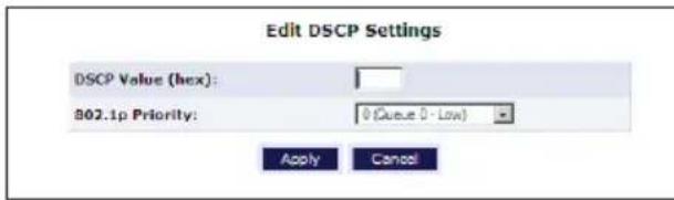 Edit DSCP Settings DSCP Value (hex): 802.1p Priority: 0 (Queue 0 - Low) Apply Cancel