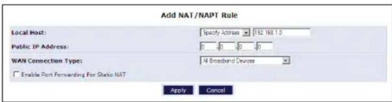 Add NAT/NAPT Rule Local Host: Specify Address 152.168.1.0 Public IP Address: 0 0 0 0 WAN Connection Type: All Broadband Devices Enable Port Forwarding For Static NAT Apply Cancel