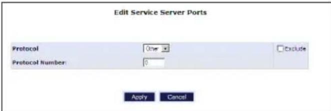 Edit Service Server Ports Protocol One Exclude Protocol Number: 0 Apply Cancel