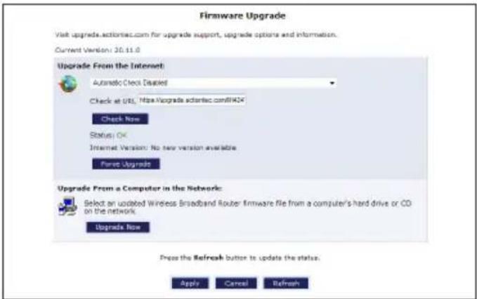 Firmware Upgrade Visit upgrade.eciotlab.com for upgrade support, upgrade options and information. Current Version: 20.11.0 Upgrade From the Internet: Automatic Check Disabled Check at URL: https://upgrade.sciotlab.com/BIAD4/ Check Now Status: OK Internet Version: No new version available Next Upgrade Upgrade From a Computer in the Network: Select an updated Wireless Broadband Router firmware file from a computer's hard drive or CD on the network. Upgrade Now Press the Refresh button to update the status. Apply Cancel Refresh
