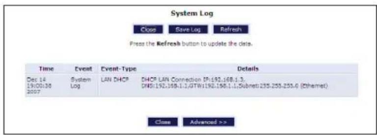 System Log Close Save Log Refresh Press the Refresh button to update the data. Time Event Event-Type Details Dec 14 System LAN DHCP DHCP LAN Connection IP:192.168.1.3. 19:00:30 Log DNS:192.168.1.1/GTW:192.168.1.1,Subnet:235.253.253.0 (Ethernet) 2007 Close Advanced >>