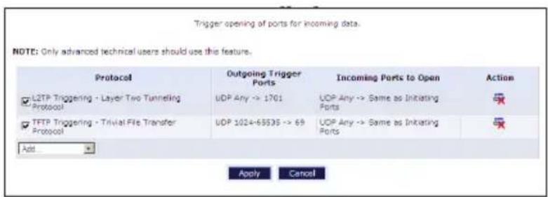 Trigger opening of ports for incoming data. NOTE: Only advanced technical users should use this feature. Protocol Outgoing Trigger Ports Incoming Ports to Open Action L2TP Triggering - Layer Two Tunneling Protocol UOP Any -> 1701 UOP Any -> Same as Initiating Ports TFTP Triggering - Trivial File Transfer Protocol UOP 1024-65535 -> 69 UOP Any -> Same as Inkating Ports Add Apply Cancel
