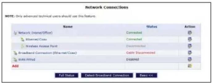 Network Connections NOTE: Only advanced technical users should use this feature. Name States Action Network (Home/Office) Connected Ethernet/Cover Connected Wireless Access Point Disconnected Broadband Connection (Ethernet/Cover) Cable Disconnected WAN APPS Disabled Add Full Status Deleted Broadband Connection Basis <+>