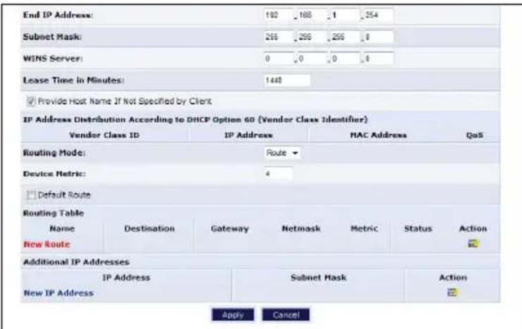 End IP Address: 192 188 1 254 Subset Mask: 255 255 255 8 WINS Server: 0 0 0 0 Lease Time in Minutes: 1440 ✓ Provide Host Name If Not Specified by Client IP Address Distribution According to DHCP Option 60 (Vendor Class Identifier) Vendor Class ID IP Address MAC Address QoS Routing Mode: Route Device Metric: 4 Default Route Routing Table Name Destination Gateway Netmask Metric Status Action New Route Additional IP Addresses IP Address Subnet Mask Action New IP Address Apply Cancel