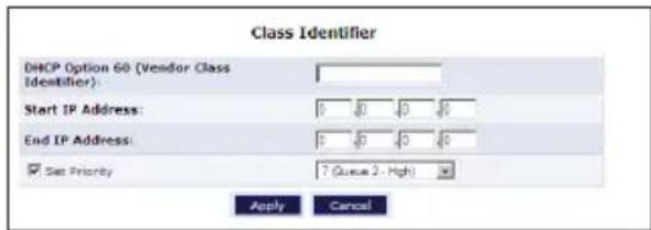 Class Identifier DHCP Option 60 (Vendor Class Identifier): Start IP Address: 0 0 0 0 End IP Address: 0 0 0 0 ✓ Set Priority 7 (Queue 2 - High) Apply Cancel