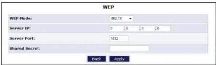 WEP WEP Mode: 802.1X Server IP: 0 0 0 0 Server Port: 1812 Shared Secret: Back Apply