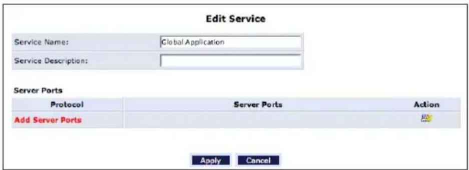 Edit Service Service Name: Global Application Service Description: Server Ports Protocol Server Ports Action Add Server Ports Apply Cancel