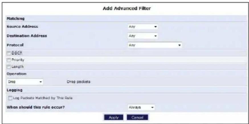 Add Advanced Filter Matching Source Address Any Destination Address Any Protocol Any □ DECR □ Priority □ Length Operation Drop Drop packets Logging □ Log Packets Matched by This Rule When should this rule occur? Always Apply Cancel
