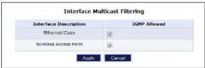 Interface Multicast Filtering Interface Description IGMP Allowed Ethernet/Coax ✓ Wireless Access Point ✓ Apply Cancel