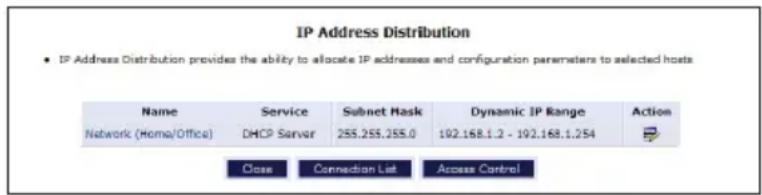 IP Address Distribution • IP Address Distribution provides the ability to allocate IP addresses and configuration parameters to selected hosts Name Service Subnet Hask Dynamic IP Range Action Network (Home/Office) DHCP Server 255.255.255.0 192.168.1.2 - 192.168.1.254 Close Connection List Access Control