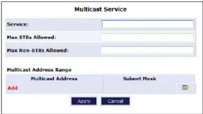 Multicast Service Service: Max STBs Allowed: Max Non-STBs Allowed: Multicast Address Range Add Multicast Address Subnet Mask Apply Cancel