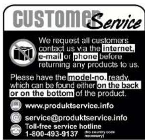 CUSTOMER Service We request all customers contact us via the Internet, e-mail or phone before returning any products to us. Please have the model-no, ready, which can be found either on the back or on the bottom of the product. www.produktservice.info @service@produktservice.info Toll-free service hotline 1-800-493-9137 (the country code necessary)