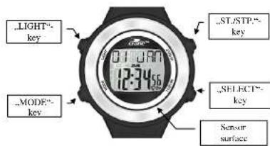 „LIGHT“- key 01:49 12:34 „MODE“- key „ST/SP“- key „SELECT“- key Sensor surface