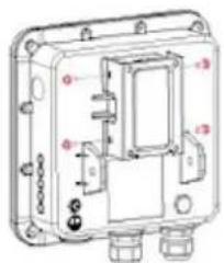 Technical diagram of an electrical enclosure with labeled components and mounting points