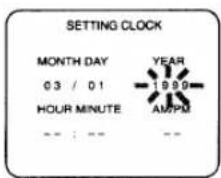 SETTING CLOCK MONTH DAY 03 / 01 HOUR MINUTE YEAR 1999 AM/PM -- : --