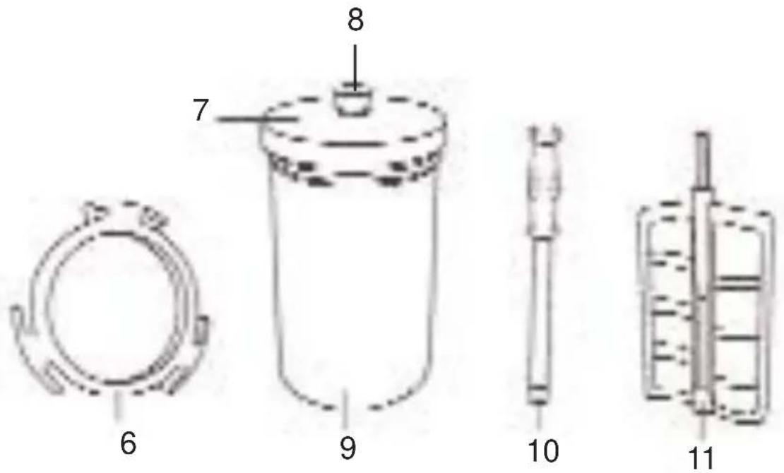 Technical diagram of a mechanical device with labeled components 6, 7, 8, 9, 10, and 11