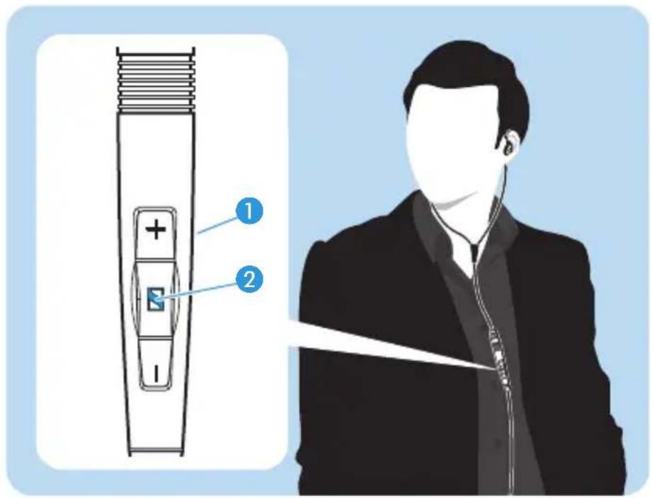 Diagram showing a hairbrush with labeled parts and a person wearing earphones, illustrating the use of a handheld device.
