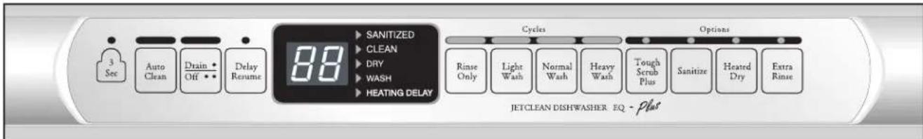 3 Sec Auto Clean Drain • Off • • Delay Resume SANITIZED CLEAN DRY WASH HEATING DELAY Cycles Options Rinse Only Light Wash Normal Wash Heavy Wash Tough Scrub Plus Sanitize Heated Dry Extra Rinse JETCLEAN DISHWASHER EQ - plus