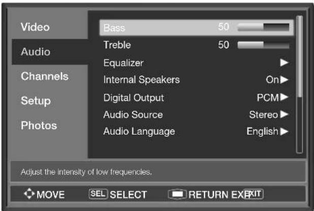 Video Audio Channels Setup Photos Bass 50 Treble 50 Equalizer Internal Speakers On Digital Output PCM Audio Source Stereo Audio Language English Adjust the intensity of low frequencies. MOVE SEL SELECT RETURN EXEaKIT
