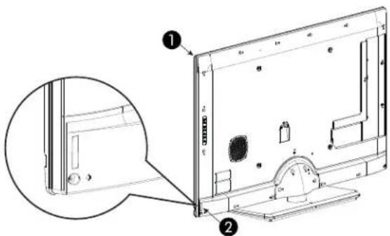 Technical diagram of a mounted electronic device with labeled parts and an inset view showing internal components.