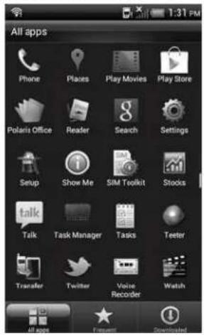 All apps Phone Places Play Movies Play Store Polaris Office Reader Search Settings Setup Show Me SIM Toolkit Stocks Talk Task Manager Tasks Teeter Transfer Twitter Value Recorder Watch All apps Frequent Downloaded