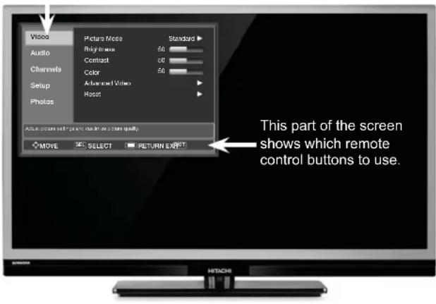 Video Audio Channels Setup Photos Picture Mode Brightness Contrast Color Advanced Video Reset Standard 50 50 This part of the screen shows which remote control buttons to use. MOVE SELECT RETURN EXIT