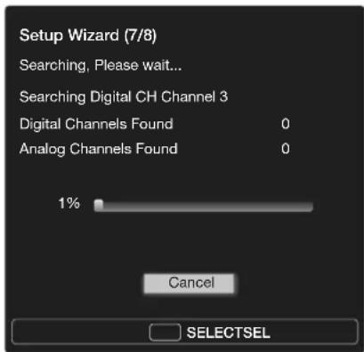 Setup Wizard (7/8) Searching, Please wait... Searching Digital CH Channel 3 Digital Channels Found 0 Analog Channels Found 0 1% Cancel SELECTSEL