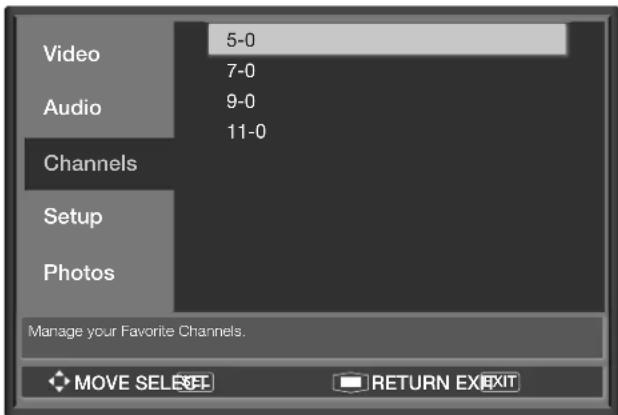 Video 5-0 7-0 Audio 9-0 11-0 Channels Setup Photos Manage your Favorite Channels. MOVE SELECT RETURN EXIT