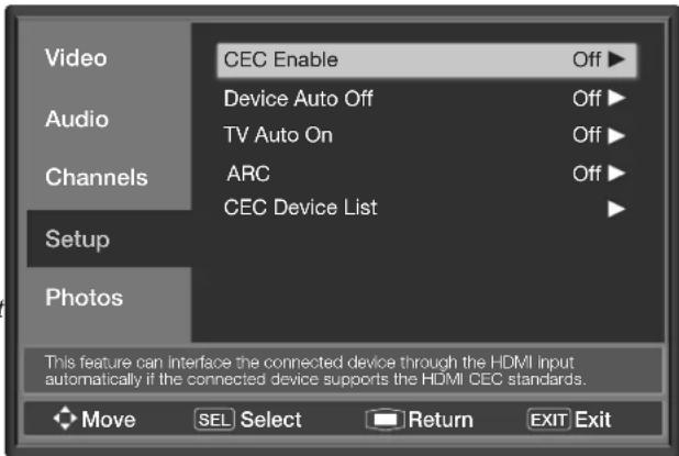 Video Audio Channels Setup Photos CEC Enable Off ▶ Device Auto Off Off ▶ TV Auto On Off ▶ ARC Off ▶ CEC Device List This feature can interface the connected device through the HDMI input automatically if the connected device supports the HDMI CEC standards. Move SEL Select Return EXIT Exit
