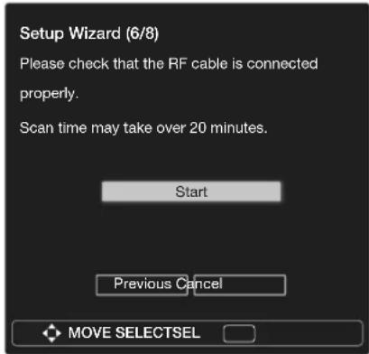 Setup Wizard (6/8) Please check that the RF cable is connected properly. Scan time may take over 20 minutes. Start Previous Cancel MOVE SELECTSEL