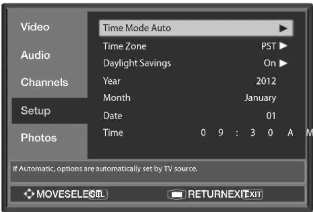 Video Time Mode Auto Audio Time Zone PST Daylight Savings On Channels Year 2012 Month January Setup Date 01 Photos Time 0 9 : 3 0 A M If Automatic, options are automatically set by TV source. MOVESELECT RETURNEXIT