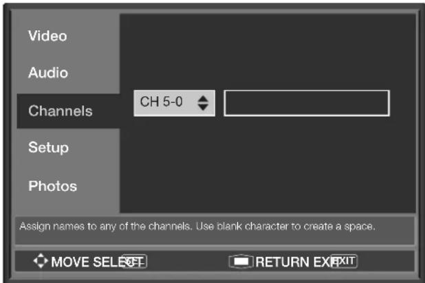 Video Audio Channels CH 5-0 Setup Photos Assign names to any of the channels. Use blank character to create a space. MOVE SELECT RETURN EXIT
