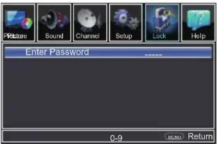 Picture Sound Channel Setup Lock Help Enter Password 0-9 MENU Return