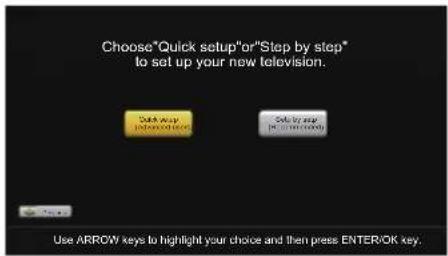 Choose"Quick setup"or"Step by step* to set up your new television. Quick way down/stop button Set by step up/stop button Use ARROW keys to highlight your choice and then press ENTER/OK key.