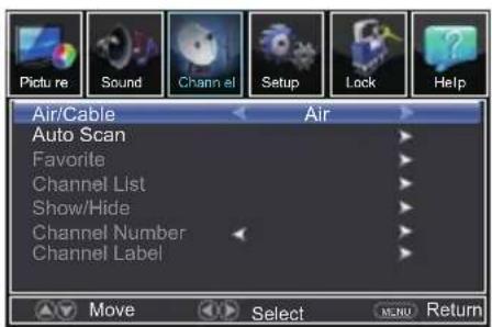 Air/Cable Auto Scan Favorite Channel List Show/Hide Channel Number Channel Label Move Select MENU Return