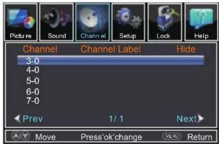 Picture Sound Channel Setup Lock Help Channel Channel Label Hide 3-0 4-0 5-0 6-0 7-0 Prev 1/1 Next Move Press'ok'change MENU Return