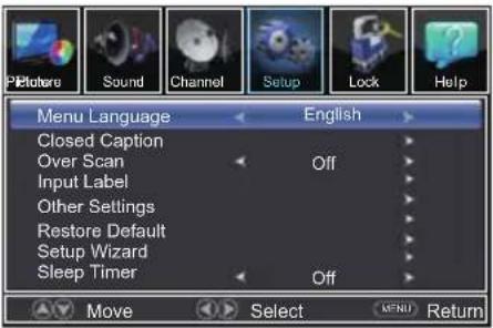 Menu Language English Closed Caption Over Scan Input Label Other Settings Restore Default Setup Wizard Sleep Timer Off Off Move Select MENU Return