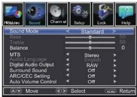 Sound Mode Standard Bass 50 Treble 50 Balance 0 MTS Stereo Audio Language English Digital Audio Output RAW Surround Sound Off ARC/CEC Setting Off Auto Volume Control Off Move Select MENU Return