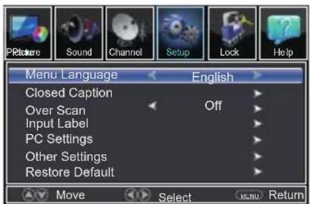 PRicture Sound Channel Setup Lock Help Menu Language English Closed Caption Off Over Scan Input Label PC Settings Other Settings Restore Default Move Select MENU Return