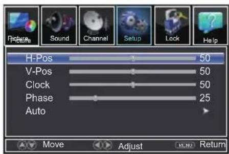 H-Pos V-Pos Clock Phase Auto 50 50 50 25 Move Adjust MENU Return