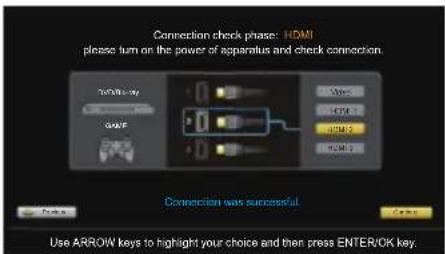 Connection check phase: HDMI please turn on the power of apparatus and check connection. Connection was successful. Use ARROW keys to highlight your choice and then press ENTER/CK key.