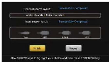 Channel search result: Successfully Completed Analog channels ( Digital channels: ) Input search result: Successfully Completed Finish Repeat Use ARROW keys to highlight your choice and then press ENTER/OK key.