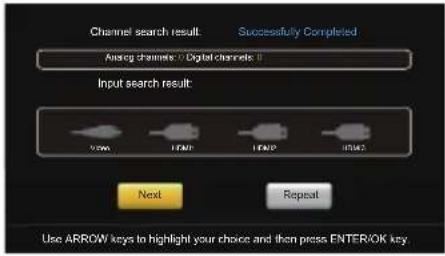 Channel search result: Successfully Completed Analog channels: Digital channels: Input search result: View END END Update Next Repeat Use ARROW keys to highlight your choice and then press ENTER/OK key