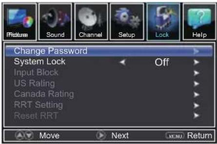 Picture Sound Channel Setup Lock Help Change Password System Lock Off Input Block US Rating Canada Rating RRT Setting Reset RRT Move Next MENU Return