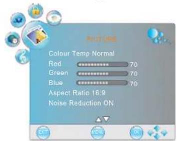 Color Temp Normal Red 70 Green 70 Blue 70 Aspect Ratio 18:9 Noise Reduction ON EXITfooter<|ref_end|><|rotate_up|>