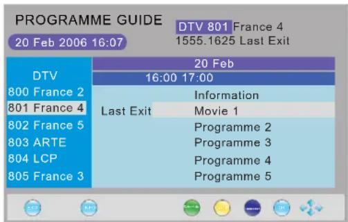 PROGRAMME GUIDE DTV 801 France 4 20 Feb 2006 16:07 1555.1625 Last Exit DTV 800 France 2 801 France 4 802 France 5 803 ARTE 804 LCP 805 France 3 20 Feb 16:00 17:00 Last Exit Information Movie 1 Programme 2 Programme 3 Programme 4 Programme 5